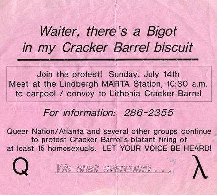 Bulletin announcing protest against Cracker Barrel